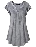 Tops Damen Sommer Tunika Hemden für Frauen Kurzarm Henley Shirts Jahrgang Button Up V-Ausschnitt Design Tops Mode Lässig Niedlich Schmetterling Ärmel T-Shirt Bequem Arbeit Blusen Mehrfarbiges Grau L