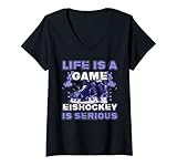 Damen Life Is A Game Eishockey Is Serious Puck Bully Eishockey T-Shirt mit V