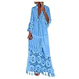 Maxikleid für Damen, lässiger Boho-Stil, große Größe, V-Ausschnitt, einfarbig, Spitze, Quaste, langes Strandkleid, hellblau, XL