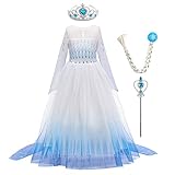 ELSA Kostüm Mädchen Schneekönigin 2 Prinzessin Blau Schneeflocke Druck Langarm Tüll Umhang Abendkleid Maskerade Party Fasching Halloween Weihnachten Kleid mit Krone Zauberstab Zubehör 5-6 J