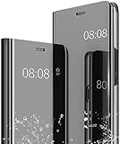 NEINEI Hülle für iPhone SE 2020,Luxus Spiegel Flip Handyhülle,Stoßfest Ledertasche Transparent Schutzhülle mit Standfunktion,Smart Clear View Mirror Case Cover,Schw