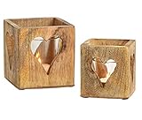 Spetebo Windlichthalter 2er Set aus Mango Holz - mit Glaseinsatz/im Herz Dekor - Holz Teelicht H