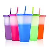 Farbwechsel Becher - 710ml Plastikbecher Trinkbecher mit Deckel & Strohhalm - 5 Stück BPA Frei Wiederverwendbar Durchsichtig Kaffeebecher to Go Reisebecher Tasse Plastik Cup für Kinder Erw