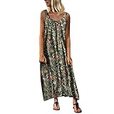 LOPILY Sommerkleid Damen Große Größen Ärmellos Kleid Rundkragen Maxikleid Blumen Druckkleid Freizeit Kleid Hohe Taillen Kleid Retro Kleid für Reise Übergrößen bis 5XL