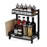 ZAQI Gewürzregal Black Spice Rack Organizer über der Speisekammer, 2- stufige Metall- Küchenarbeitsplatte mit Stehgläsern, Haken und Schneideb