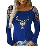 T-Shirt Top Pullover Frauen Hot Strass Hohl Retro Druck Casual Hohl Langarm Top (M,2blau)