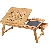 SONGMICS Klappbarer Laptoptisch für Sofa oder Bett, Betttisch mit Handy-Stifthalter und Schublade, Neigungswinkel verstellbar Notebooktisch aus Bambus, 55 x 23 x 35 cm (B x H x T) LLD006