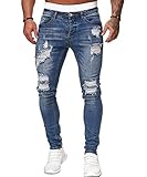 X-xyA Männer Zerrissene Dünne Fit Stretch Jeans Zerstörten Denimhosen,Blau,M