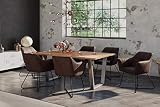 SAM 7tlg. Essgruppe Dora 140 x 80 cm, Mangoholz massiv & naturfarben, Baumkantentisch mit V-Metallgestell in Silber + 6X Stuhl Kirin in Wildleder-Optik