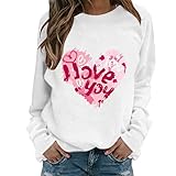 LSEEKA Damen rosa Graffiti Love Heart Langarm Tops I Love You Brief Gedruckt Tops Reine Farbe Breite Brust Casual Sweatshirt Mädchen Teenager Bluse T-Shirt als Geschenk für Valentinstag, weiß, M