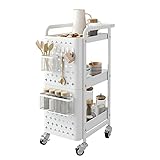 Rollwagen 3-stöckiger Aufbewahrungswagen Mehrzweckwagen Küchenwagen Servierwagen Lagerwagen Allzweckwagen mit Griff Körbe Haken und Rollen aus Metall für Küche Büro Bad Garage Weiß 76x30x45