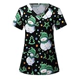 WENZHOU Damen Krankenhaus Schlupfhemd Bluse Weihnachten Motiv Arbeitsuniform Krankenschwester Kleidung Kurzarm T-Shirts Mischgewebe Kasack Berufsbekleidung Arzt U
