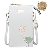 Damen Handy Umhängetasche Klein Touchscreen Handytasche zum Umhängen Crossbody Schultertasche Geldbörse Leder mit Lotus Muster Handyhülle für iPhone 12 pro/12/11/XR/8, Handy bis zu 6.5 Zoll (Weiß)