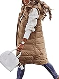 ORANDESIGNE Daunenweste Damen Lang Wintermantel Vest mit Kapuze Weste Mantel Ärmellose Warmer Daunenmantel mit Taschen Steppweste Damen Daunenjacke Steppjacke Outdoor C Khaki XS