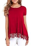 Odosalii Damen Langarm T-Shirt Pullover Rundhals Spitze Tunika Top Asymmetrisch Saum Oberteil Bluse Shirt (S-rot, L)