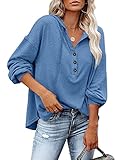 Damen Unifarbenes Hoodie-Shirt mit V Neck für Übergangszeit Locker Langarm Blau L