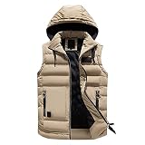 AILIEE Herren Kapuze Vest Herbst Winter Kapuzenweste Einfarbig Ärmellose Daunenweste Reißverschluss Parkas Jacke Winddicht Funktionsweste Gilet(Khaki,XL)