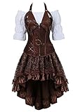 Jutrisujo Steampunk Corsagenkleid Corsage Kostüm mit asymmetrischer Spitzenrock und Bluse für Karneval Fasching Halloween Braun L