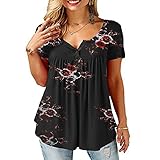 Damen Blumendruck V-Ausschnitt Lässige Mode Kurzarm T-Shirt Bluse Street Style Vintage Temperament Allgleiches Loses T-Shirt M