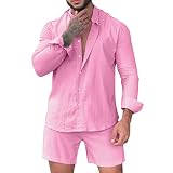 sutelang lurryly Herrenhemd aus Baumwolle und Leinen mit Shorts, 2-teilig, leicht und atmungsaktiv, einfarbig, Langarm, Shorts mit Taschen, Rosa, 56