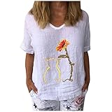 Fashion Damen Solid Kurzarm Rundhals T-Shirt Tops Casual O-Neck Baumwolle und Leinen T-Shirt Blause Cute Tier Katze und Sonnenblume Gedruckt Oversized Tee Tops für Frauen Sommer Geschenke Gr. 48, weiß