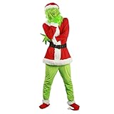 N /C Pelziges erwachsenes Weihnachtsmann-Anzug-Outfit, Deluxe Grinch-Weihnachtsmannkostüm mit grüner lustiger Maske Weihnachtsmütze (#1-Rot, M)