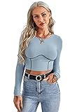 DIDK Damen Crop T-Shirt Rundkragen Langarmshirt mit Kontrast Paspel Langarm Obterteil Tops Slim Pullover Graublau M