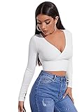 DIDK Damen Strick Crop T-Shirt Bauchfrei Oberteile Tiefer V Ausschnitt Langarmshirt Pullover Cropped Tops Langarm Shirt Weiß S