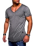 Rello & Reese Herren T-Shirt Kurzarm Basic Oversize V-Neck MT-7102 [Dunkelgrau, XXXL]