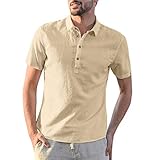 LILICAT Hemd Baumwolle Leinen Shirts V-Ausschnitt Kurzarm Button Leinenhemd Sommer Regular Fit Freizeithemd Casual T-Shirt Freizeithemd Loose Fit Einfarbig Ob