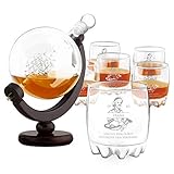 Murrano Whisky Karaffe mit Gravur - Globus mit Schiff, 850 ml - 6er Whiskygläser Set - Whisky Dekanter - Geschenk zum Geburtstag für Männer - personalisiert - Durstlö