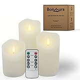 BonAura® IGNIS - LED Kerzen mit Fernbedienung und Timer - Flammenlose Kerzen 3-teilig - Ideal geeignet für den Adventskranz oder als Weihnachtsdeko - LED Stumpenk