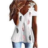Damen T-Shirt Lässig Bedrucktes Damen Loose Oberteil mit kurzen Ärmeln und V-Ausschnitt Schmale Spitze Schulterfrei Hemd Shirt Damen V-Ausschnitt Lässige Tunika lockere Bluse S