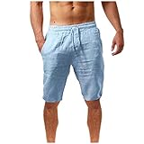 Kurze Hose Herren Leichte Baumwolle Sport Shorts Große Größe Bequeme Leinehosen Jungen Lässige Gummizug Freizeithose mit Tasche Casual Loose Strandhose F