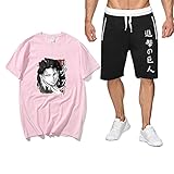 EDMKO Herren Kurzarm T-Shirt Shorts Attack on Titan Levi·Ackerman Zweiteiliges Set Unisex ​Cosplay Kostüm Sportbekleidung Für Fitness Gym Joggen Set,Rosa,XL