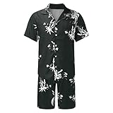Herren Hemd Shorts Set Hawaii Blumen Bedrucktes Freizeitanzug Mode Floral Stehkragen T-Shirt + Kurze Hose Zweiteiler Sommer Trainingsanzug Jogginganzug Sport Anzug für Coole M