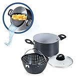 Genius Cerafit Magic Pot Kochtopf-Set 20cm - Topf 3,7l mit Siebeinsatz & Glas-Deckel für einfaches Kochen, Drehen, Dünsten & Servieren der Pasta | Nudeltopf für alle H