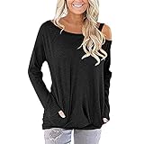 SALEBLOUSE Damen Cold Shoulder Tops Langarm Einfarbig Basic Shirts Bluse Loose Fit Herbst Sweatshirt Tunika Pullover Frauen Beiläufig Sexy Elegant Soft Comfort Pullover Pullover Outwear M