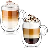glastal Doppelwandige Latte Macchiato Gläser 2er Set 360ml Kaffeegläser Teegläser mit Henkel Borosilikatglas Kaffeetassen Glas Set Doppelwandgläser Kaffeebecher Ideal für Cappuccino,EIS,B