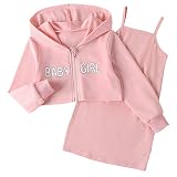TTAO Mädchen Sport Set aus Kapuzenjacke Sweatshirt und Trägerkleid Hip Hop Streetdance Outfits 2Pcs Bekleidungsset Rosa 98-104