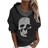 Pullover Damen Hoodie Sweatshirt, Kapuzen Jacke für Frauen Mädchen, Totenkopf-Strass-Motiv, Kapuzenpullover Kapuzen Jumper, Langarmshirt Sweat Shirts, Winterjacke Bluse Tunika Casual Lose Top