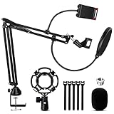Kbladud Mikrofon Ständer, Einstellbare Mikrofon, Übergroße Tischklemme, 3/8' auf 5/8' Adapter, 2-lagiger Windschutz, Pop-Filter, Mikrofonständer, Mic Clip & Tischklemme für Blue Yeti, Snowb
