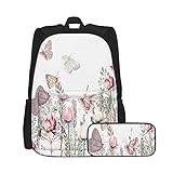 SDBUYW-ZQ Schulrucksack,Blume mit Pflanzen Retro Endorsement Stil，Büchertaschen für Kinder Teens College-Studenten und Federmäppchen zweiteilige S