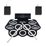 E-Drum Set Asmuse Elektronisches Schlagzeug Kit 9 Pads Tragbare Roll Up Midi Tabletop E-Drum Schlagzeug Set mit Eingebautem Lautsprecher Drum Fußpedal Drumsticks für Kinder Anfäng