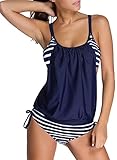 Aleumdr Tankini Damen bauchweg Bademode Set zweiteilig Push up mit Einstellbarer Bikinislip Tankini Top Soft Cups, Dunkelblau, Medium(EU40-EU42)