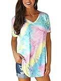 VONDA T-Shirt Damen Sexy Tops Lang Elegant Batik V Ausschnitt Oversize Sportshirt Frühling Oberteile Winter Shirt C-Hellrosa XL