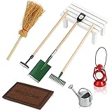 Koogel Miniatur Puppenhaus Set, 8 Stücke Miniatur Gartengeräte Set Puppenhaus Garten Zubehör Gießkanne Rake Schaufel Bank Ornament für Weihnachten Wichteltür Dek