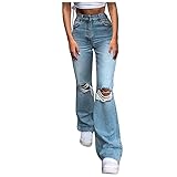 Xmiral Hoch Sitzende, Zerrissene Jeans, Schmal Geschnittene Schlaghose Slim Fit Einfarbig Denim Hosen (Dunkelblau, M)