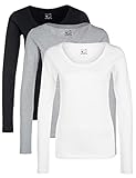 Berydale Damen Pullover für Sport & Freizeit: Langarmshirt mit Rundhalsausschnitt, 3er Pack, Mehrfarbig (Schwarz/Weiß/Grau), S