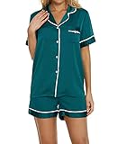 Chic to Max Damen-Pyjama, Satin, Seide, kurzärmelig, Pyjama-Set, Knopfleiste vorne, Nachtwäsche, Loungewear, dunkelgrün, 36